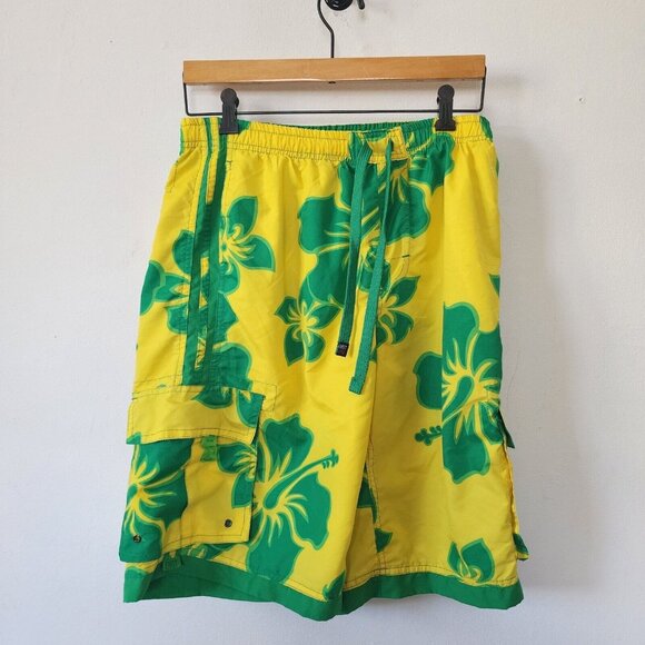 Y2K Exist Supreme Swim Trunks Swimsuit Yellow Green Mens Large - Picture 1 of 7